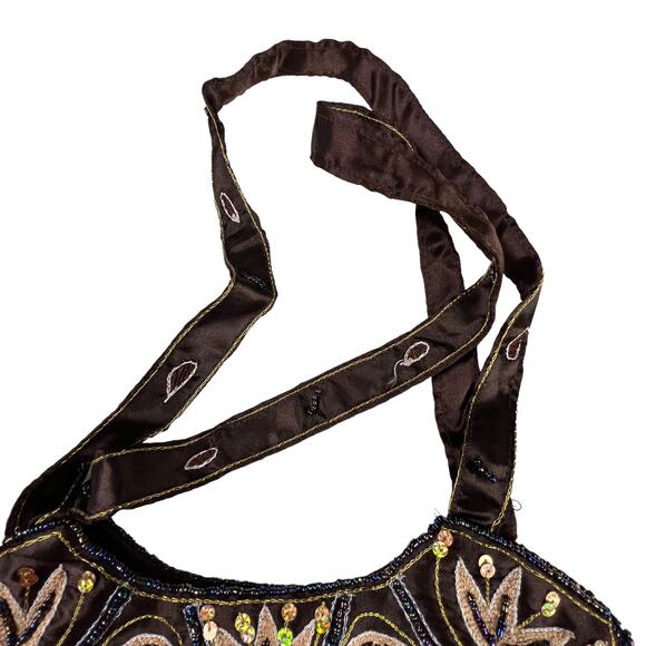 K&K VTG Table Tops Chocolate Brown Satin Floral Embroidered Sequin Shoulder Bag - Picture 6 of 13